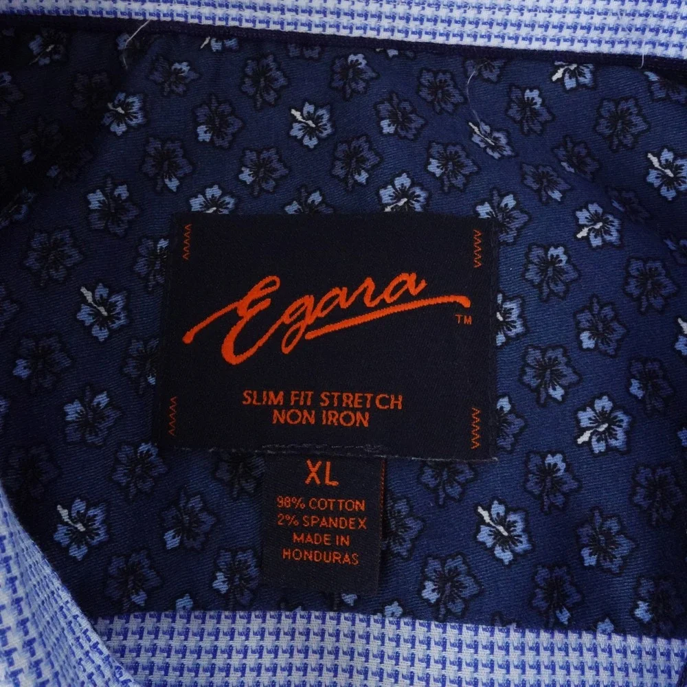 Egara Mens XL Slim Fit Stretch Non Iron Blue White Micro Print Dress Shirt